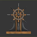 Vintage Ship's Wheel Decorative Ornament Set With Wooden Base And Metal Accents