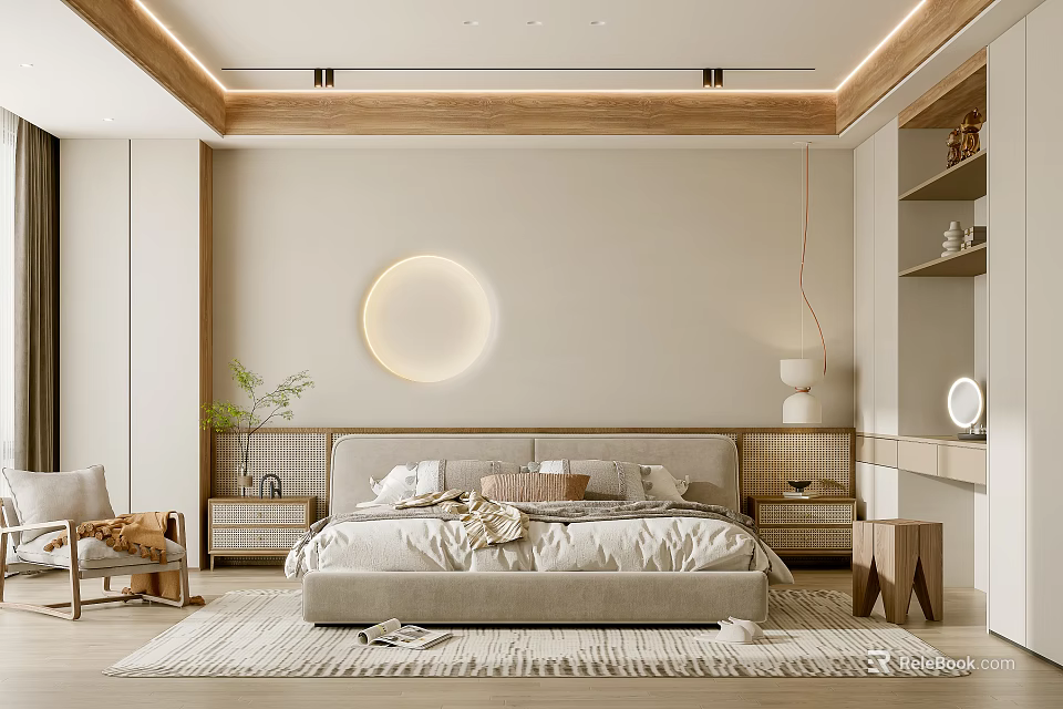 Modern Bedroom Interior With Wooden Ceiling Round Light Upholstered Headboard And Green Plant Rug 3d model 