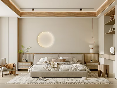 Modern Bedroom Interior With Wooden Ceiling Round Light Upholstered Headboard And Green Plant Rug 3d model