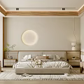 Modern Bedroom Interior With Wooden Ceiling Round Light Upholstered Headboard And Green Plant Rug