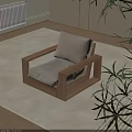 Modern Accent Chair With Wooden Frame Beige Cushion In Light Rug Interior And Green Plant
