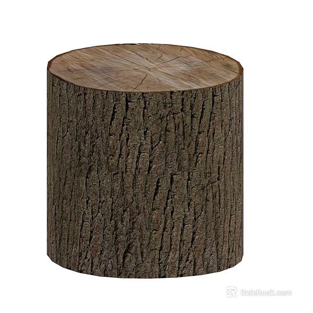 Rustic Stone Wood Tree Stump Stool with Natural Bark Texture and Wooden Surface 3d model 