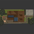 Cartoon Scene of Wooden House With Brown Roof Solar Panels And Surrounding Trees