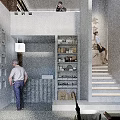 Modern Teahouse Interior With Open Shelves Jars Windows Trees And Staff Preparing Pastries