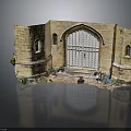 Medieval Castle Gate With Stone Walls Arched Entrance Wooden Door And Flanking Towers