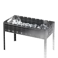 Black Metal Barbecue Grill with Charcoal and Meat Skewers on Wooden Handles