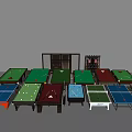 Billiard Room With Different Colored Pool Tables Cue Sticks And Balls