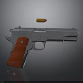 Detailed Silver Pistol With Red Grip And Bullet In Mid Air On Dark Background
