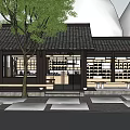 Traditional Chinese Teahouse Exterior With Traditional Roof Wooden Structure Display Windows Outdoor Seating And Trees