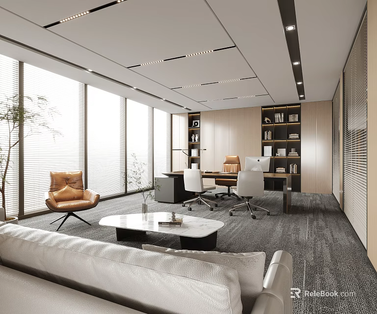 Bright Modern Office Interior Design With Large Windows Sofa Desk Chairs And Bookshelves 3d model 