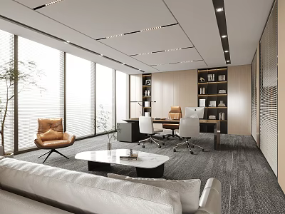 Bright Modern Office Interior Design With Large Windows Sofa Desk Chairs And Bookshelves 3d model