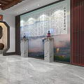 Tobacco and Liquor Store Interior with Golden Display Shelves Wine Tea Products and Marble Counter