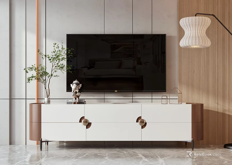 Modern White And Brown TV Stand With Drawers TV Plant And Floor Lamp 3d model 