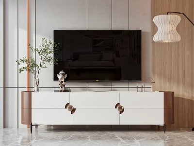 Modern White And Brown TV Stand With Drawers TV Plant And Floor Lamp 3d model
