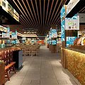 Restaurant Interior With Colorful Ceiling Design Wooden Stalls And Traditional Decorations