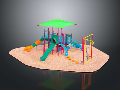 Colorful Playground Structure With Green Canopy Slides Climbing Frames And Sand Area 3d model