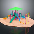 Colorful Playground Structure With Green Canopy Slides Climbing Frames And Sand Area