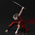 Woman In Red Outfit Wielding Sword With Flowing Red Cape Performing Martial Arts Stance
