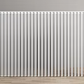 Modern White Vertical Striped Curtains Interior Against Gray Wall And Wooden Floor