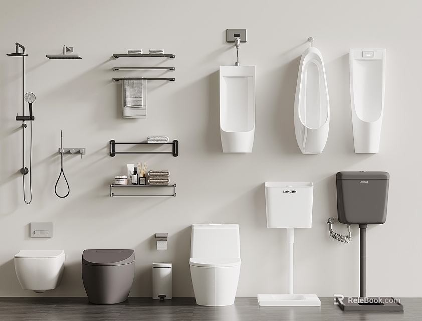 Modern Bathroom Toilet Collection With Different Styles Urinals And Shower Fixtures 3d model 