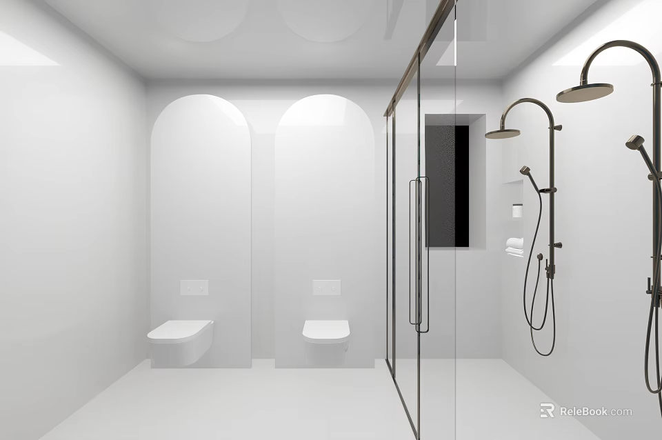 Bright Minimalist All White Bathroom With Dual Wall Mounted Toilets And Glass Shower Enclosure 3d model 