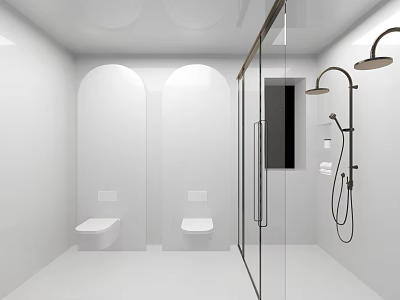 Bright Minimalist All White Bathroom With Dual Wall Mounted Toilets And Glass Shower Enclosure 3d model