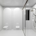 Bright Minimalist All White Bathroom With Dual Wall Mounted Toilets And Glass Shower Enclosure