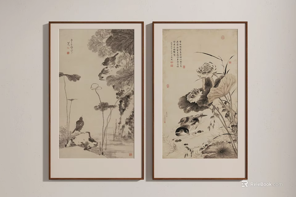 Chinese Ink Paintings with Lotus Flowers Leaves and Birds in Wooden Frames Hanging on Wall 3d model 