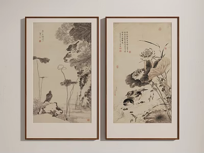 Chinese Ink Paintings with Lotus Flowers Leaves and Birds in Wooden Frames Hanging on Wall 3d model