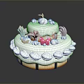 Two Layer White Frosting Cake With Pink Bow And Decorative Striped Golden Base