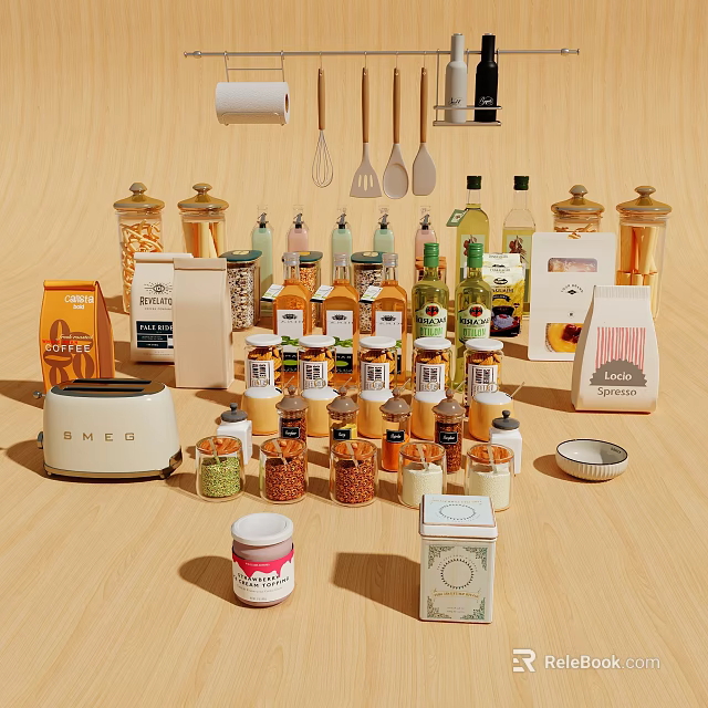 Assorted Spice Jars With Other Kitchen Items In Organized 3d model 
