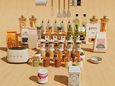 Assorted Spice Jars With Other Kitchen Items In Organized 3d model