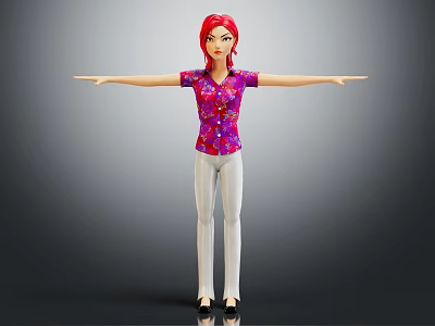 Red Haired Female Character In Purple Patterned Shirt And White Pants With Arms Outstretched 3d model