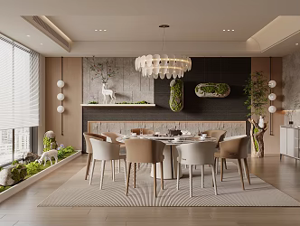 Box Room Round Dining Table and Chair Sideboard Green Planting Landscape Dining Box 3d model