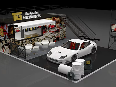 The Golden Licensed Exhibition Booth Featuring White Sports Car Graffiti Wall Chairs and Tire Barrels 3d model