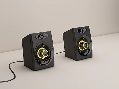 Two Black Speakers with Yellow Ring Accents and Connected Cable on Light Colored Surface 3d model