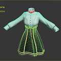 Women's White Stand Collar Blouse And Navy Blue High Waist Skirt Outfit With Gold Trim