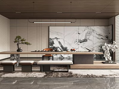 Modern Tea Room Interior With Wooden Tea Table Bonsai And Decorative Art 3d model