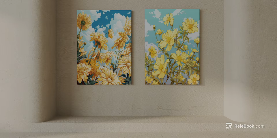 Decorative Plant Paintings with Yellow Flowers Blue Sky and White Clouds for Wall Decoration 3d model 