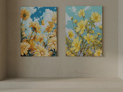 Decorative Plant Paintings with Yellow Flowers Blue Sky and White Clouds for Wall Decoration 3d model