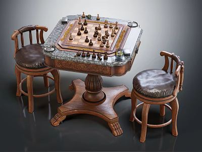 Wooden Chess Game Table With Chess Pieces And Two Classic Chairs For Recreational Play 3d model