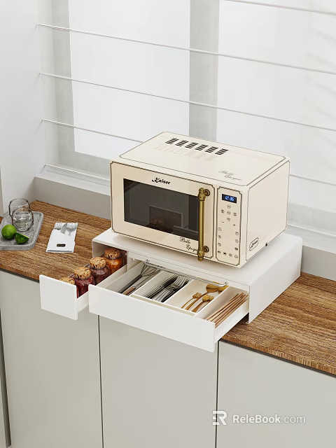 Organized Open Drawer Kitchen Utensils Set Storage With Microwave And Countertop Essentials 3d model 