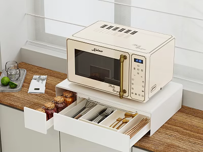 Organized Open Drawer Kitchen Utensils Set Storage With Microwave And Countertop Essentials 3d model