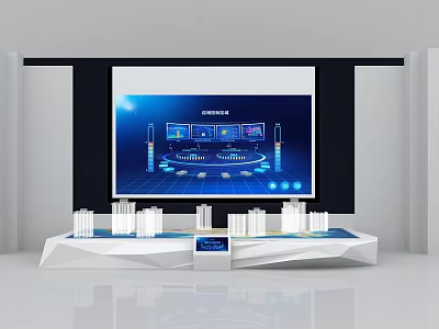 Commercial Equipment Display Stand With White Columns And Large Screen Blue Interface Charts Data 3d model