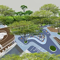 Outdoor Children's Play Area With Whale Shaped Water Feature And Yellow Umbrellas