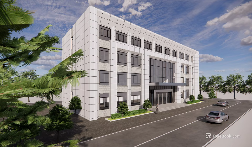 Modern White Office Building With Large Windows And Trees In Front 3d model