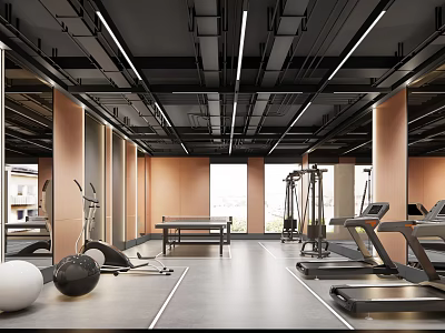 Modern Spacious Gym Interior With Treadmills Exercise Balls Mirrors And Workout Equipment 3d model