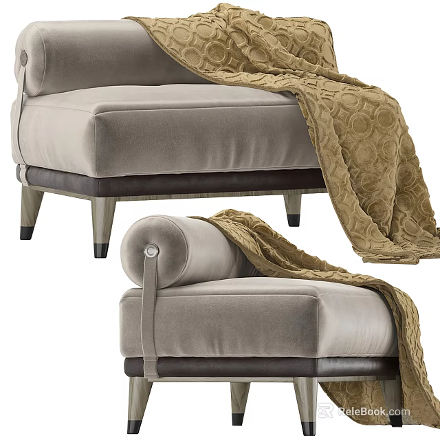 Elegant Modern Light Gray Velvet Ottoman With Metal Legs And Textured Blanket 3d model 