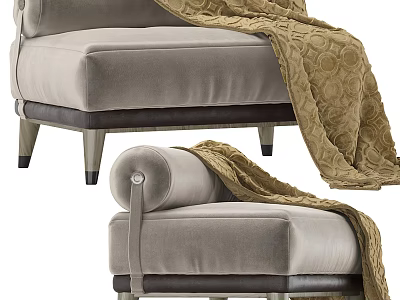 Elegant Modern Light Gray Velvet Ottoman With Metal Legs And Textured Blanket 3d model
