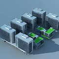 Modern Office Building Complex With Glass Curtain Walls Multiple Structures And Blue Sky 3d model